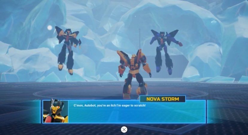 screenshot from earthspark expedition of nova storm, skywarp, and bumblebee. nova storm is saying "C'mon, Autobot, you're an itch i'm eager to scratch!"