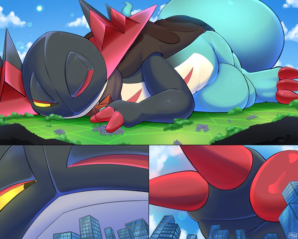 A three panel comic in the theme of a macro dragapult being a very lazy macro, the first panel showing his whole body lazily laying and filling the entire landscape, with one eye peeking open and down toward a city, while one paw looms above such city, the other two panels showing a closeup of the two moments