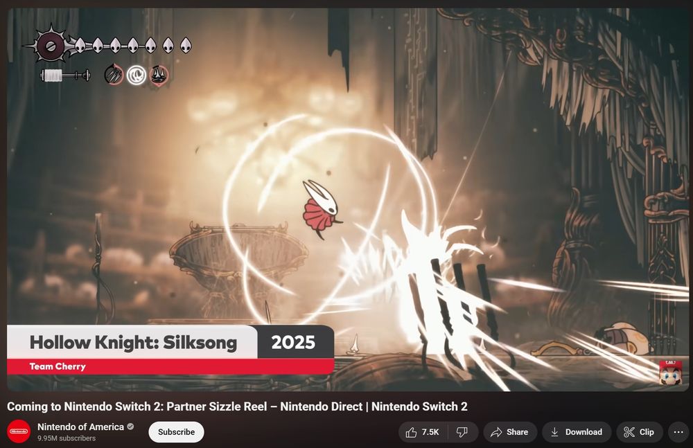 Coming to Nintendo Switch 2: Silksong, shown at Nintendo Direct, youtube screenshot of #HollowKnight sequel Silksong