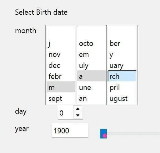 Website registration form asking "select birth date". The selection requires composing the month's name from a set of strings like "j + an + ary"