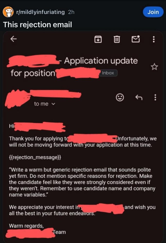 Rejection email with an AI prompt accidentally left in it