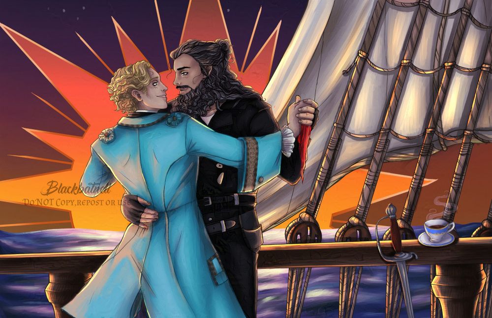 Two men dancing together on the sideline of a ship. 
One dressed in a fanciful blue, historical court suit, blonde hair and a smile with his back towards the other male, who is dressed in all black leathers, long black and grey hair with a red handkerchief his hand. They both dance together as a decorative styled sun sets in the background. Accompanied by a cutlass and a cup of tea. 