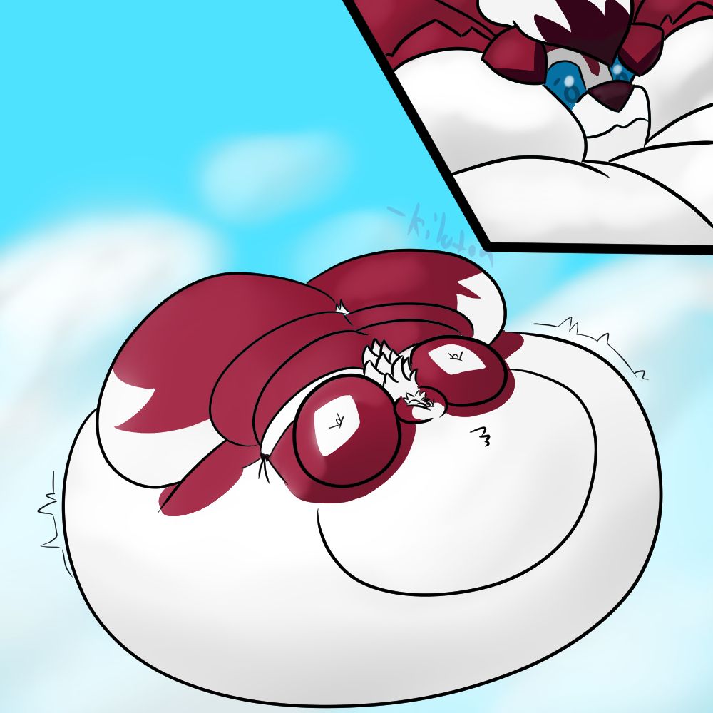 A midnight lycanroc with blue eyes, the size and diameter of a blimp, floating above the clouds.
A close-up of his face shows that he is uncertain.