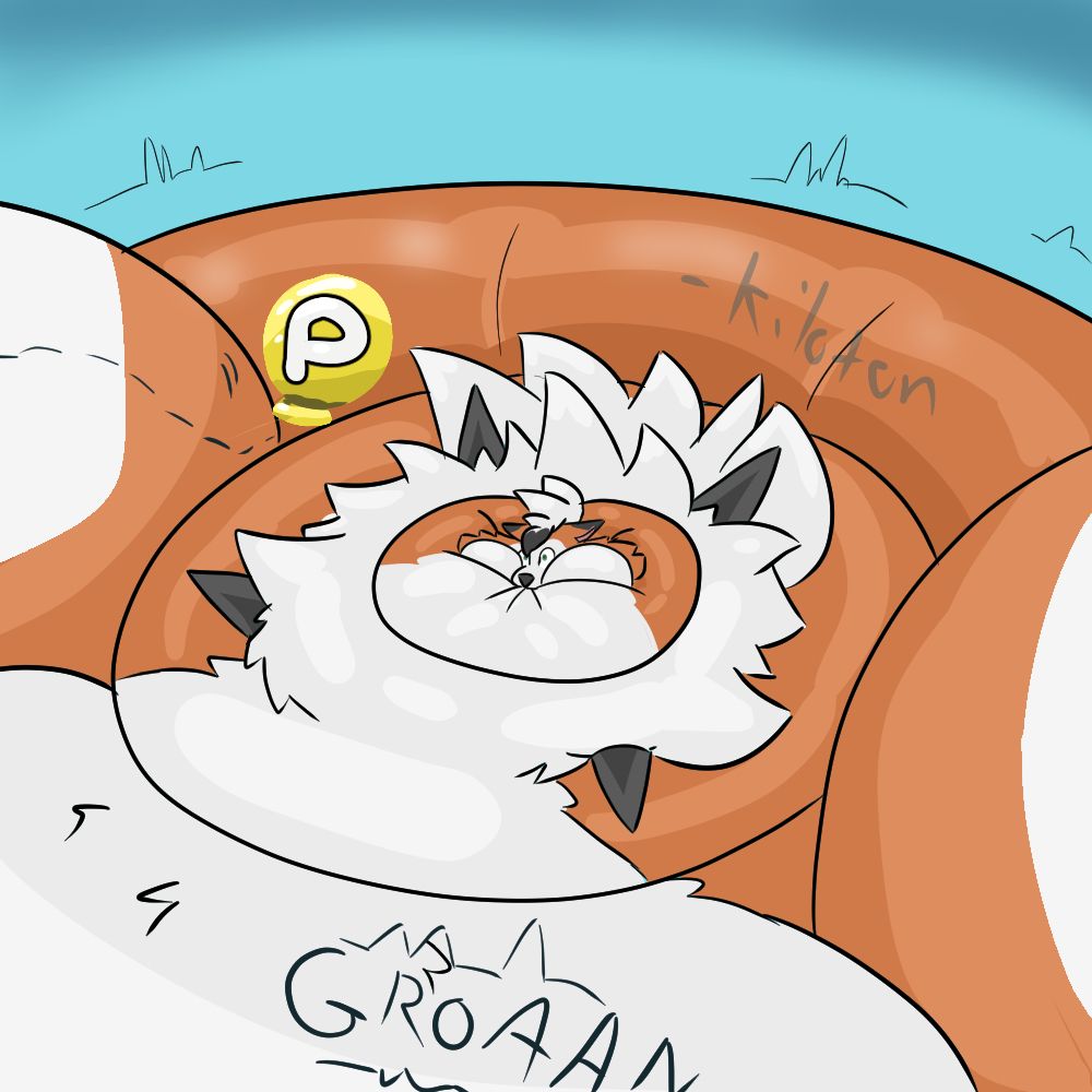 A massively inflated dusk lycanroc (probably more accurate to call them blimp lycanroc am I right), staring at a P-Balloon that is drifting ever so closely to them.