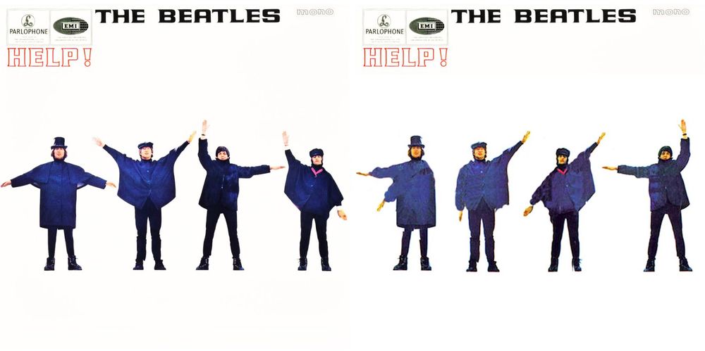 Comparison of the "Help!" album cover, with what if would have looked like with the proper arm arrangement for spelling out "HELP"