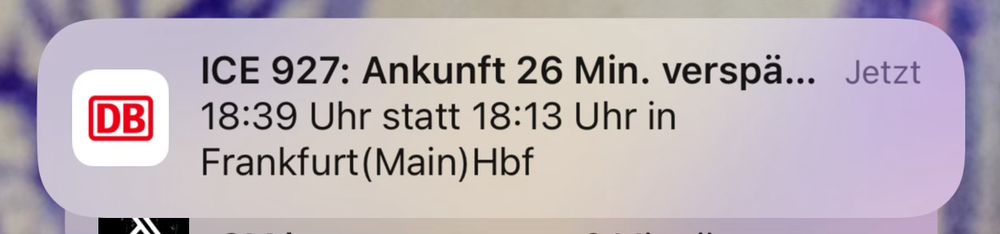 DB Navigator Pop up der mir 26 Minuten Verspätung ankündigt