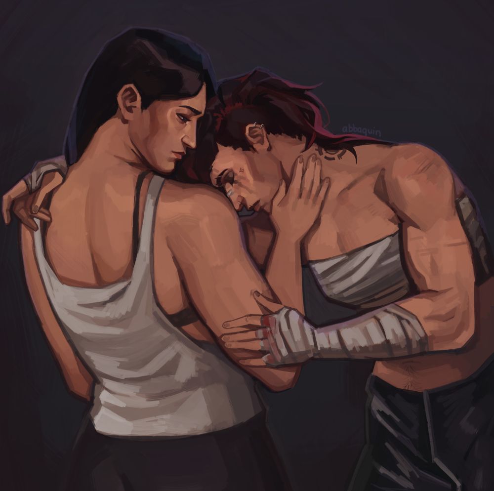 vi resting her face on caitlyns shoulder, with her arm resting on her other shoulder. Her other hand is touching caitlyns arm, and caitlyn is caressing vi's face. caitlyn has her back turned to the camera, with her head turned to look at vi. Vi is in her pitfighter outfit (dyed black hair, black smudged makeup, bandaged chest and arms and black pants), caitlyn is wearing a white tank top and black pants.  
