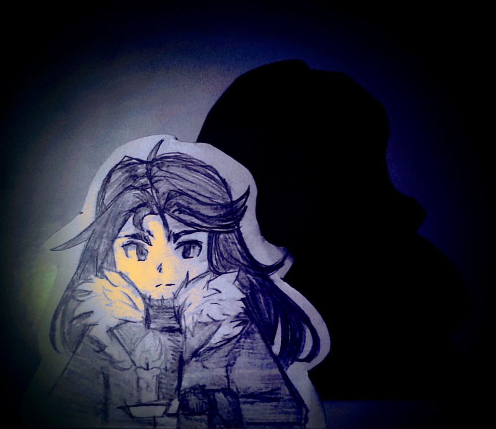 Josuiji Shinri in a darkly lit room, the light from the candle in his hand casting his shadow onto the wall behind him ominously.