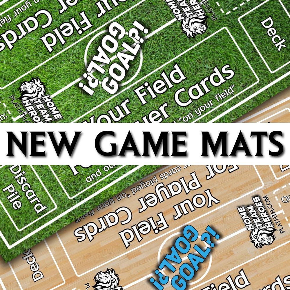 Two new Home Team Heroes game mats displayed: one with a realistic green grass football pitch design, and one with a wooden indoor futsal court style. Text reads 'NEW GAME MATS'. Designed for the football-themed card game Home Team Heroes, including a special edition to celebrate Finland's Deaf Futsal National Team, the Mambas.