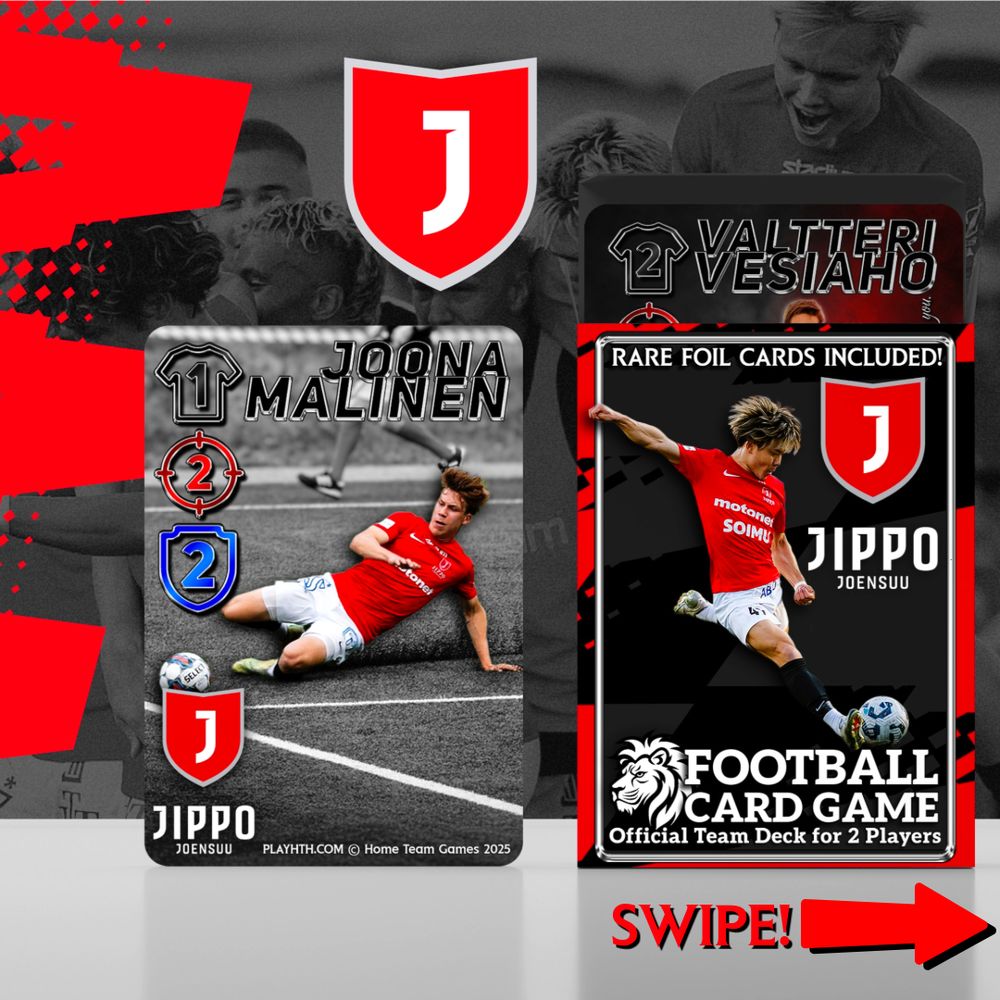 Promotional graphic for the Jippo Joensuu Team Deck: a large red shield with a white “J” crowns two overlapping trading-card renders. Front card shows midfielder Joona Malinen sliding on an artificial pitch; stat icons read attack 2, defence 2. Behind it, the deck box features striker Yoshiaki Kikuchi in full volley with the caption “RARE FOIL CARDS INCLUDED!”. Grey-red crowd background, plus a big red arrow and the word “SWIPE!” pointing right.
