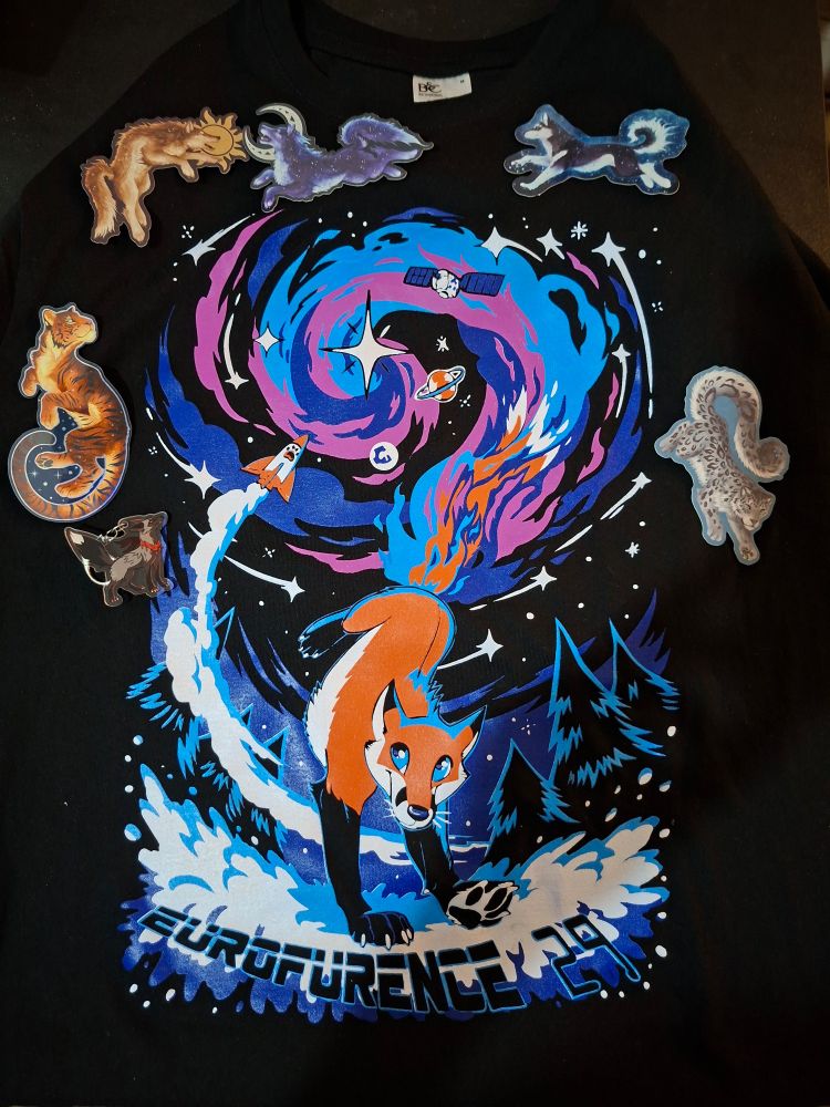 Photo of the Eurofurence 29 con shirt with some stickers and a charm
