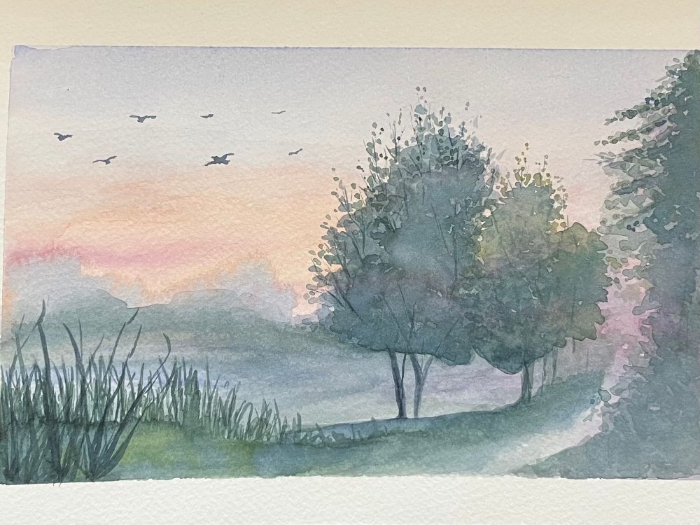 A watercolor landscape of a meadow with trees in pastel colors. It is misty, or trying to be. A flock of birds adds interest to the peachy sky.