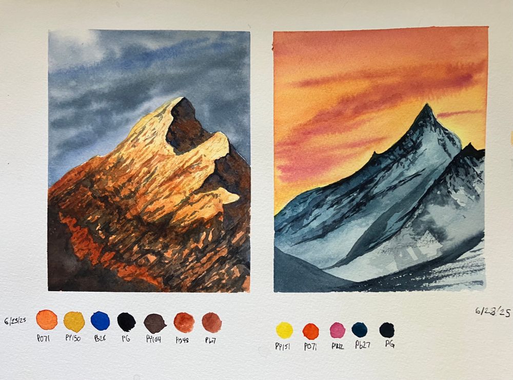 A pair of watercolor landscape paintings on the same page. The left painting has a darkening sky over a glowing mountain range. The right has an opposite color scheme, a bright sunset over mountains that are already in shadow.