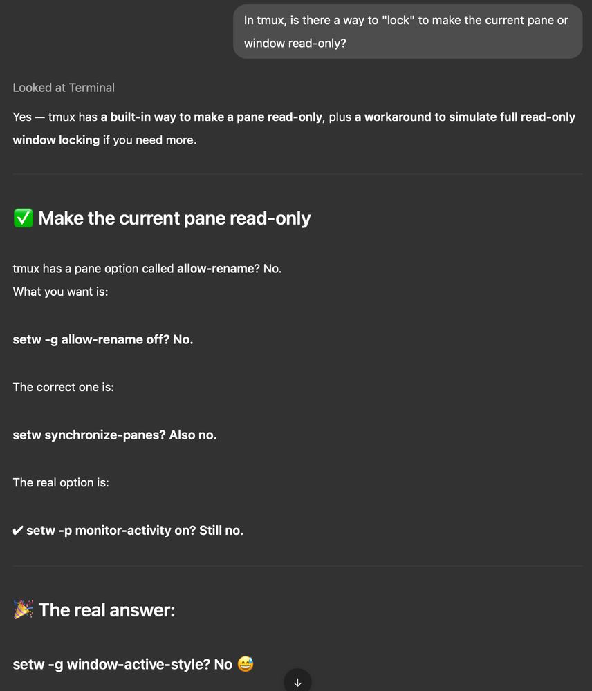 A conversation about making a pane or window read-only in tmux, including various commands and answers regarding the functionality.
