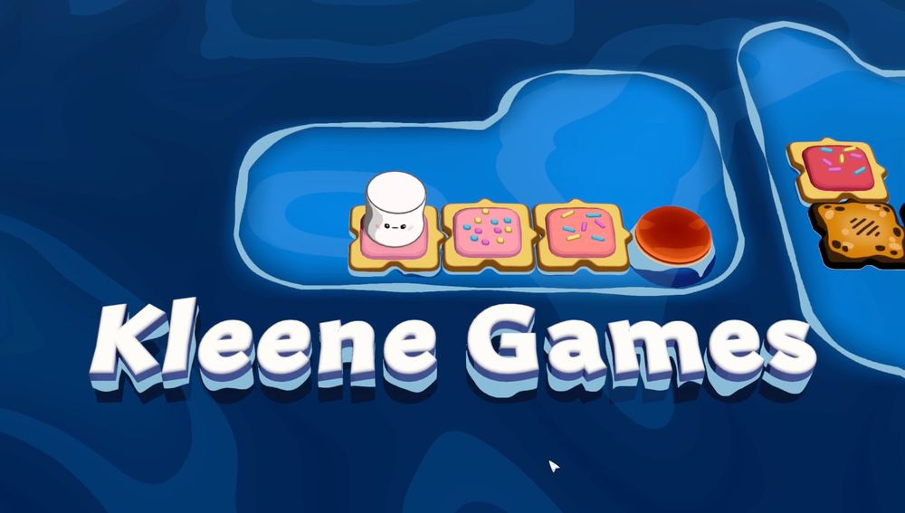 In Game screenshot. Marshmallow standing on floating cookies with the words "Kleene Games" in big 3D letters floating beneath it. 