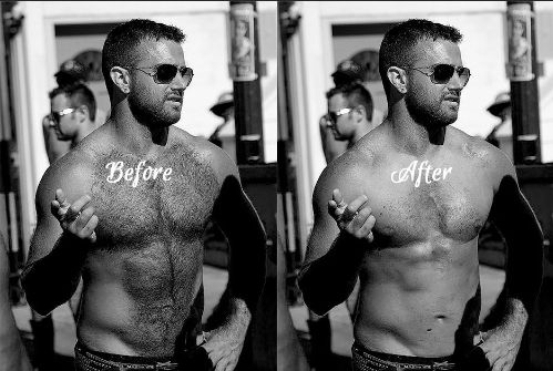 imagem de antes e depois: uma foto preto e branca de um homem sarado sem camisa, da cintura pra cima, com cabelo curto, barba e óculos escuros. ao fundo, um outro homem de óculos escuros andando. no antes, muito pelo no peito, no depois, como se tivesse raspado tudo.