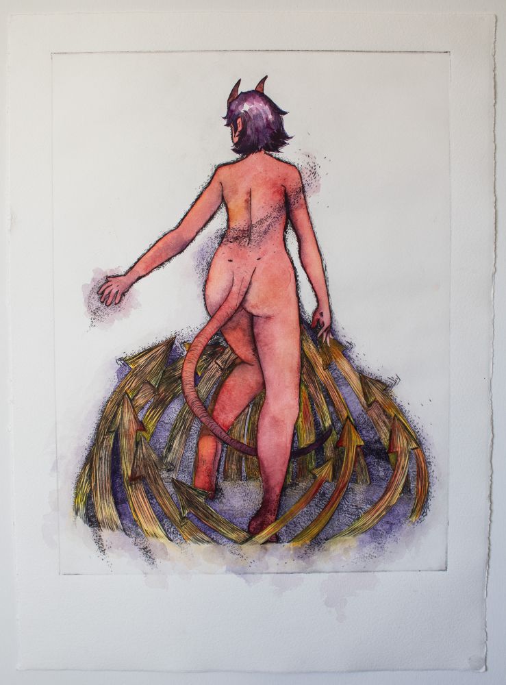 Back shot of a naked red demon with their arm slightly out with yellow arrows surrounding their feet. they have purple hair and there is purple mist surrounding their feet and parts of their body