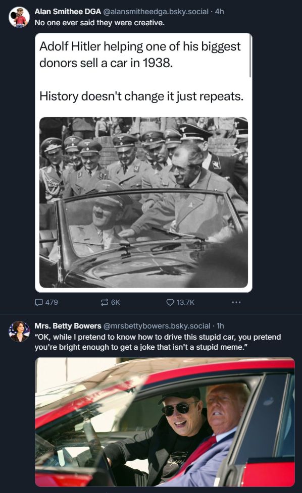 Screenshot of 2 complementary skeets about how Trump and Musk are fascist goons.