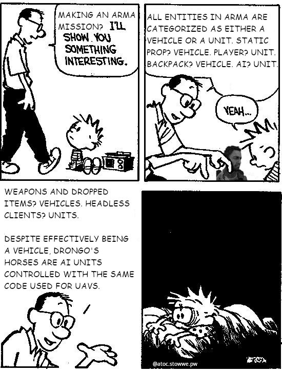 An edit of a Calvin and Hobbes comic. 

In the first panel: Calvin's dad approaches Calvin and says to him, "Making an Arma mission? I'll show you something interesting."

In the second panel: Calvin's dad points to a small Miller, and says, "All entities in Arma are categorized as either a vehicle or a unit. Static prop? Vehicle. Player? Unit. Backpack? Vehicle. AI? Unit.

In the third panel, he continues: "Weapons and dropped items? Vehicles. Headless clients? Units. Despite effectively being a vehicle, Drongo's horses are AI units controlled with the same code used for UAVs.

In the forth panel, Calvin partakes in the pass-time of many Arma modders: sleeplessly laying in bed and questioning his life decisions.