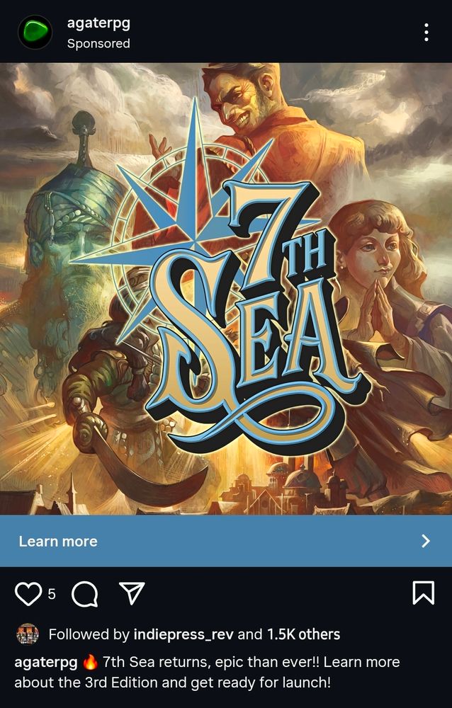 An announcement from Instagram about the new edition of 7th Sea. 