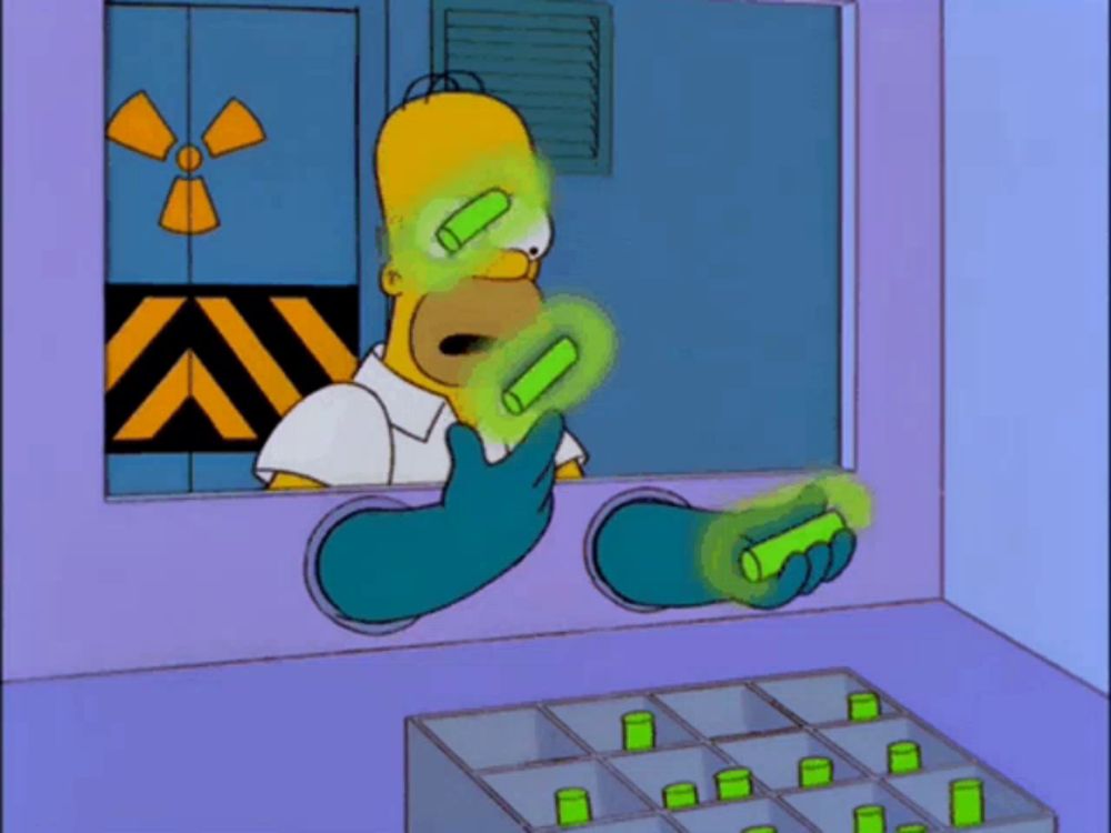 a cartoon of homer simpson with glowing green tubes in his hands