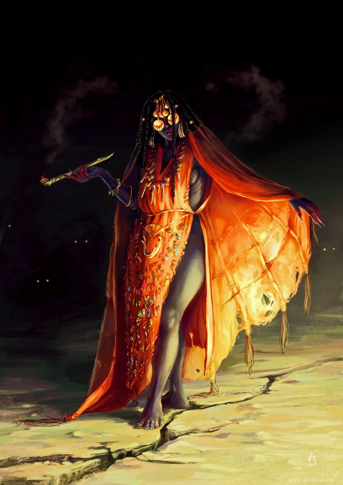 Digital art. Red witch smoking her pipe, with beads all over her. 