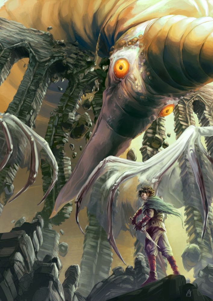Digital art. Monster crashing down a bridge, with a worthy warrior unseathing his sword in front of him.