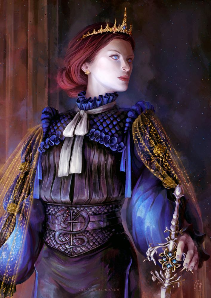 Digital art. Portrait of a princess complete with sword and cape.