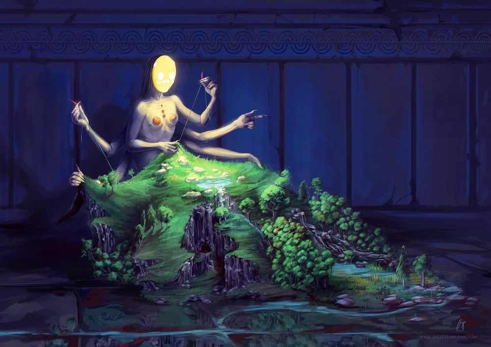 Digital art. goddess of life in her temple, currently weaving the world. 