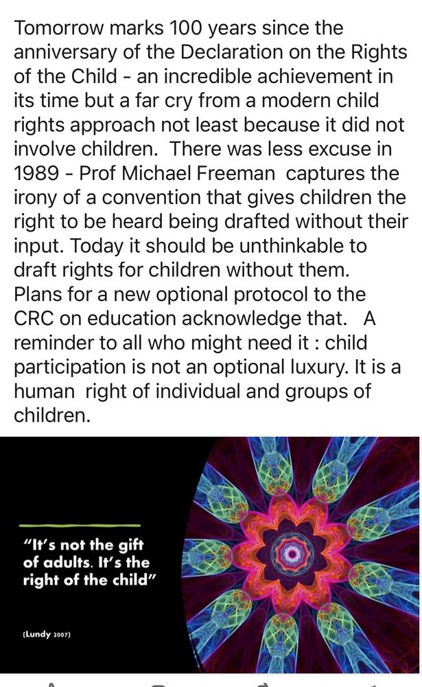 An image of a kaleidoscope and text saying it’s not the gift of adults. It’s the right of the child 