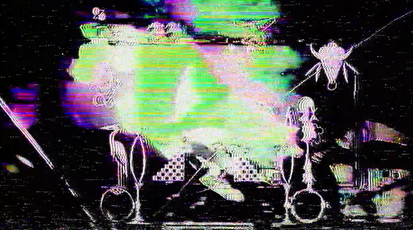 Abstract art of a ghostly figure staring at a larger ghostly figure.