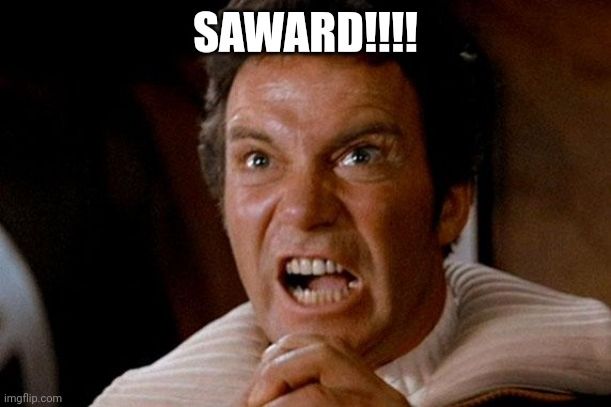 A screencap of William Shatner as Captain Kirk in Star Trek II: The Wrath Of Khan, screaming, with the Saward (Eric, script editor of Doctor Who) superimposed in Impact font.