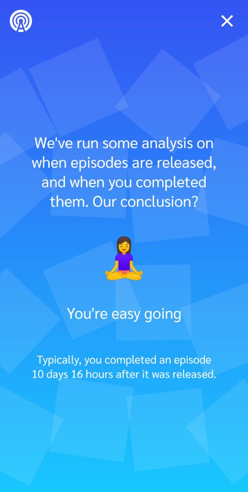 We've run some analysis on when episodes are released and when you completed them. Our conclusion? You're easy going. Typically, you completed an episode 10 days 16 hours after it was released.