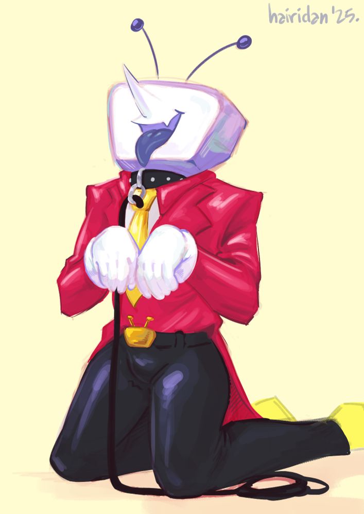 tenna, a man in a suit with a tv head, on his knees wearing a leash and panting like a dog