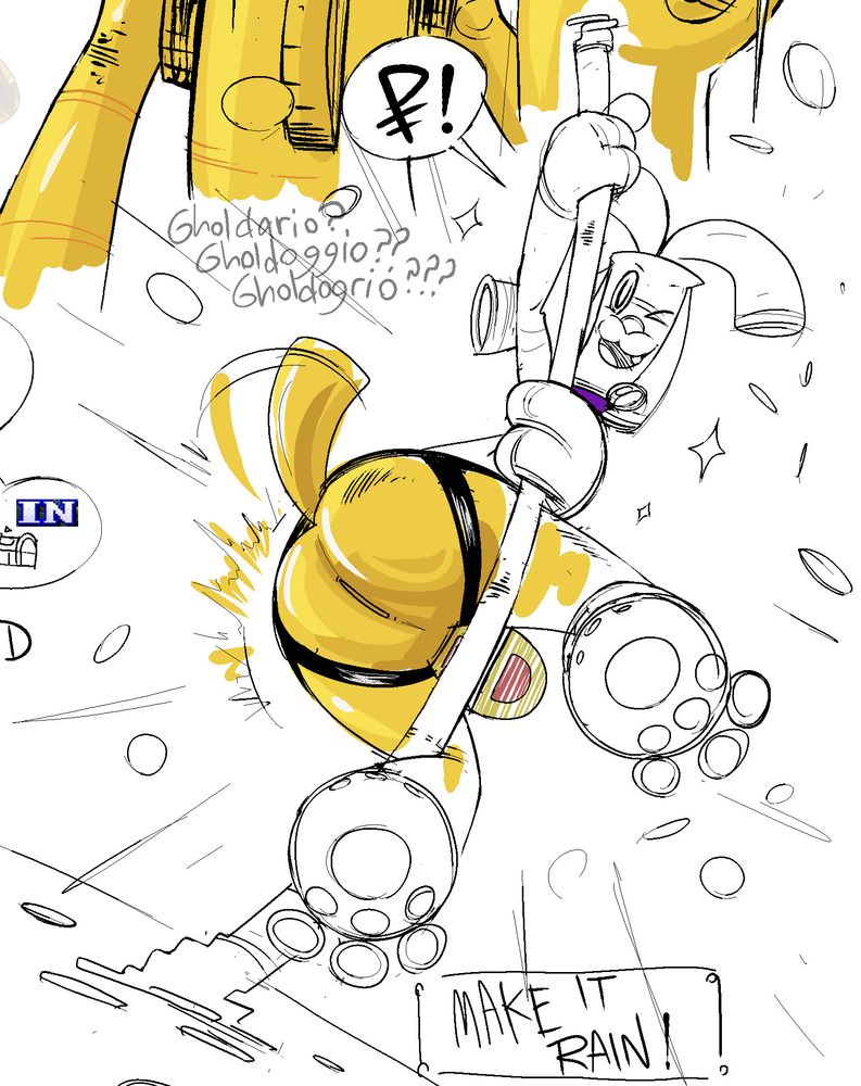 Detail panel of Ghol D. Roger's "ref" sheet. This is a depiction of him performing Gholdengo's signature move but with his own special lewd twist featuring pole dancing. 