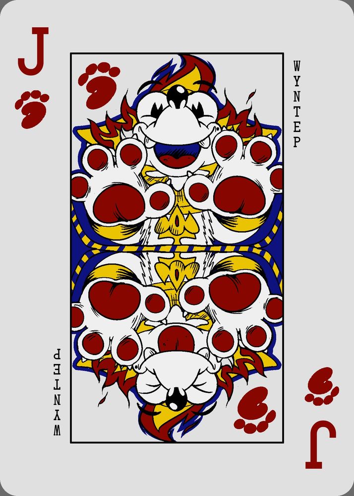 Playing card featuring Wynter/Wyntep as the Jack of the beans suit, handpaws raised as he smiles/playfully pokes his tongue out at the viewer 