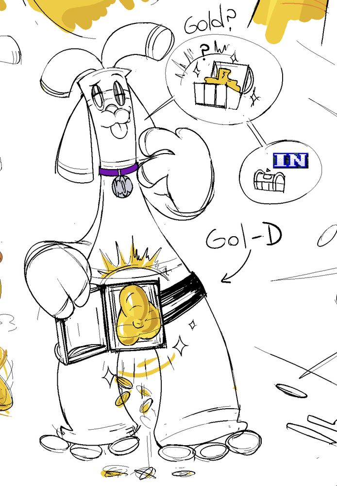 Detail panel of Ghol D. Roger's "ref" sheet. This doodle shows him standing with a sort of teasy/sultry look on his face as he opens his treasure chest to display his golden bits to the viewer, asking if they're seeking riches and to get in if so. 