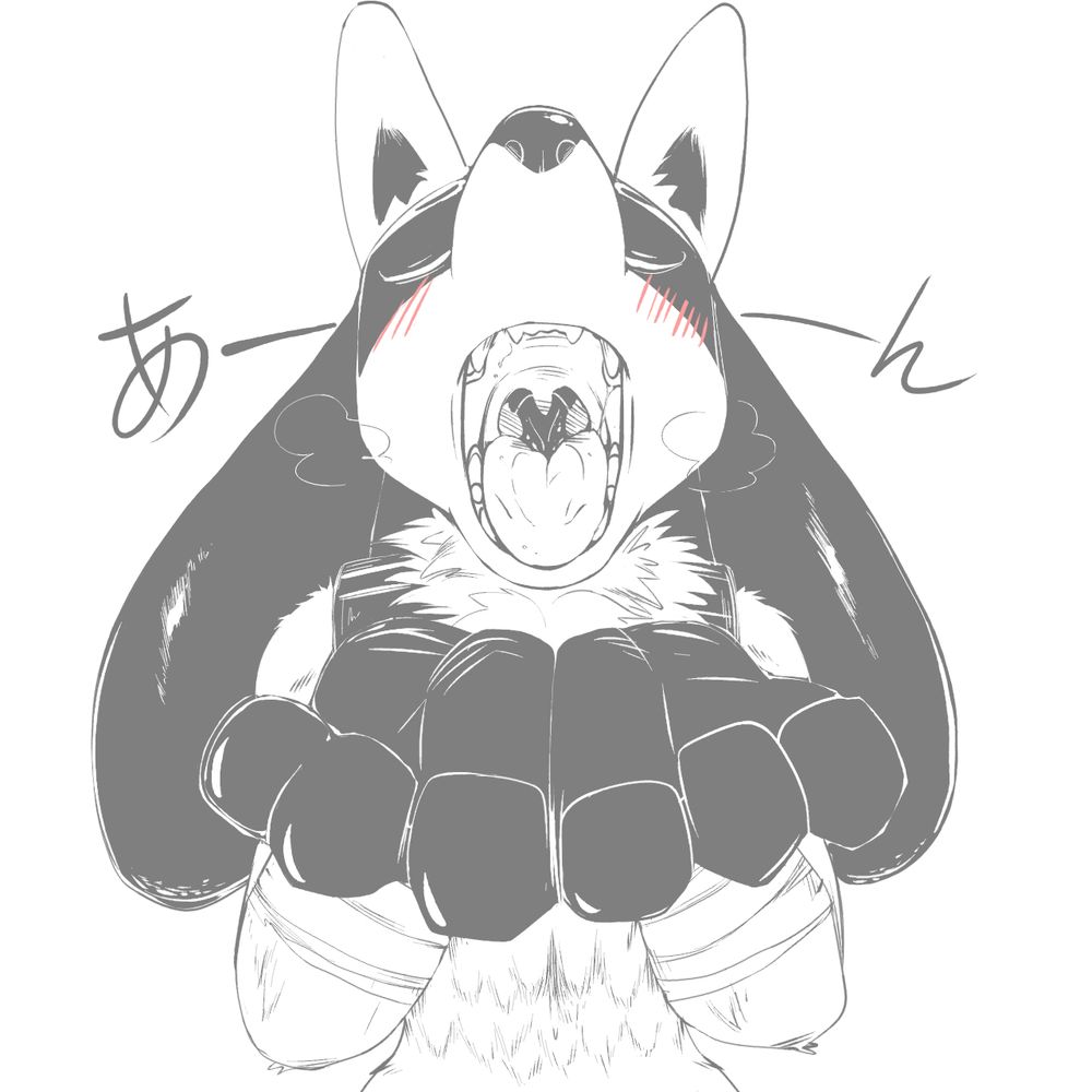 Luca opening his mouth wide with hands cupped, awaiting something from his trainer
