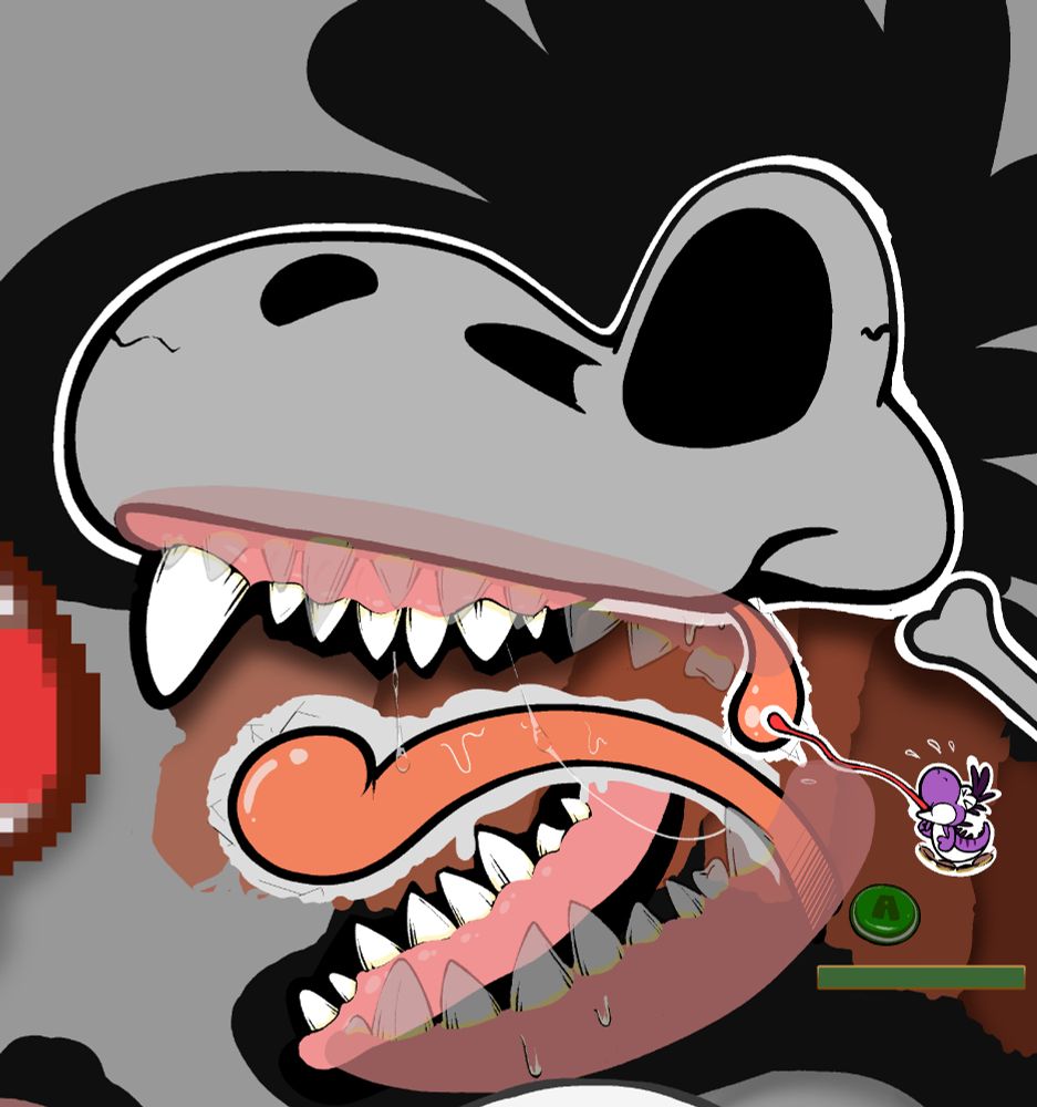 closeup of Dioshi clinging to Foxshi's uvula struggling to not get gulped