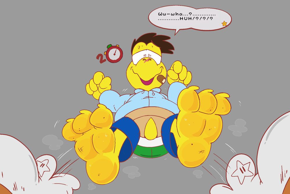 WIP of Koops haplessly flipped on his back, still immobilized as his shoes are suddenly removed, much to his disbelief 