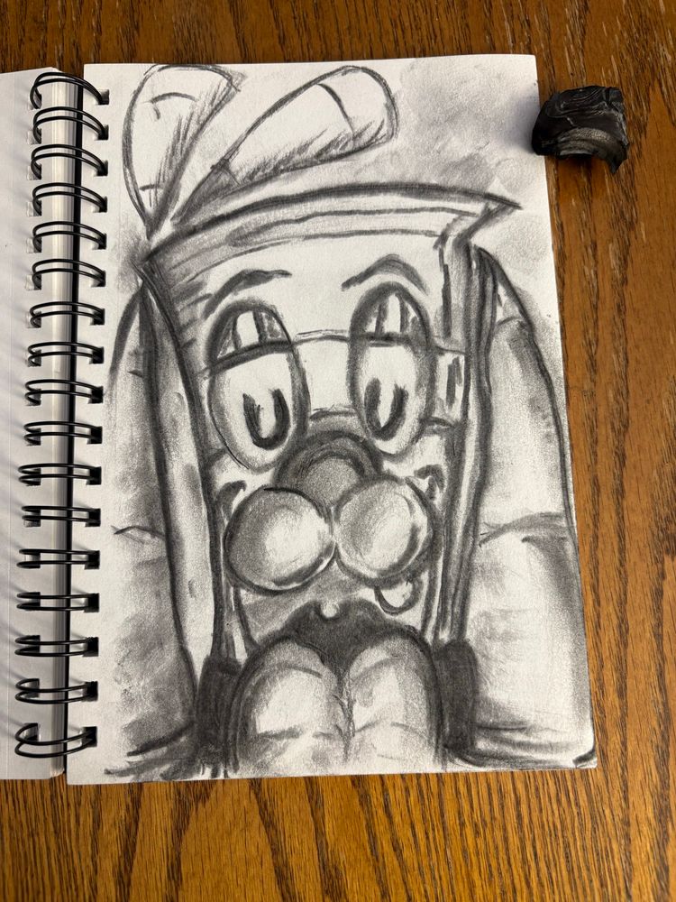 Charcoal doodle of Gol D. Roger the Gholdengo-doggo, showing off his shiny maw to the viewer 