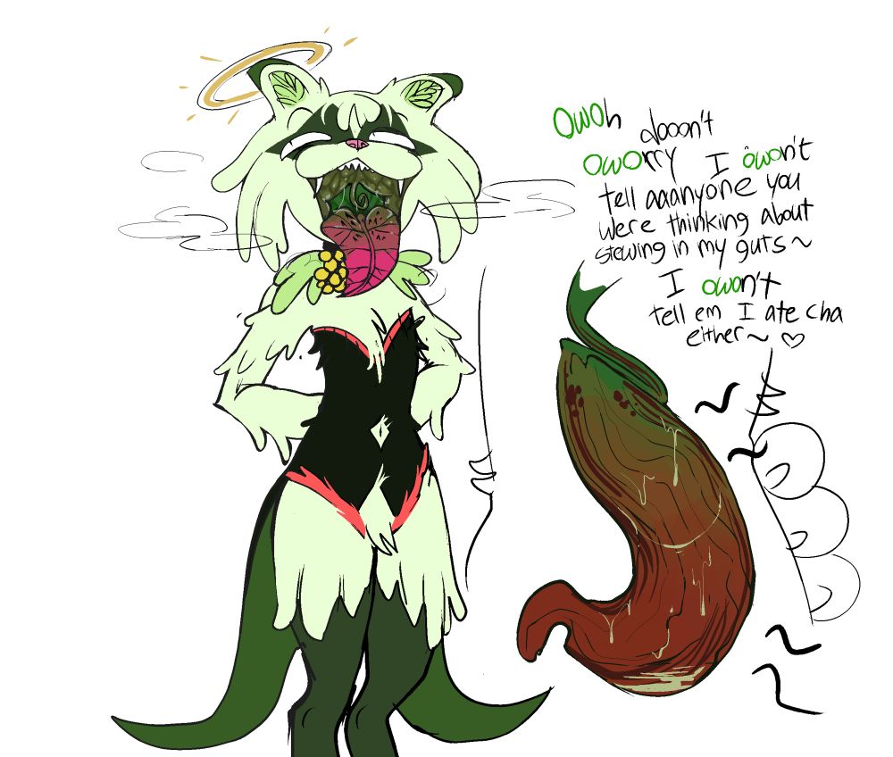 A doodle of my Meowscarada, Artemisia, showcasing her plant-like insides and her use of uwu speak, as well as her evidently vorish tendencies.