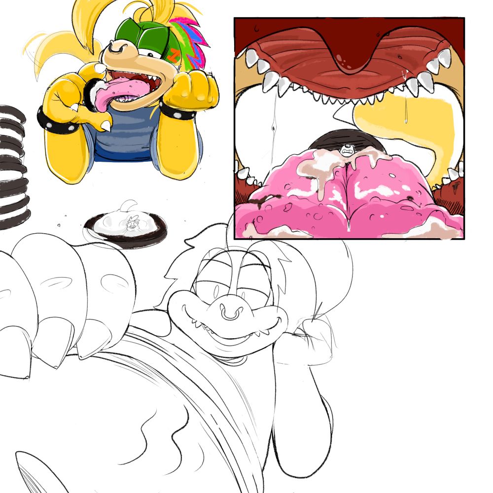 Some sketch doodles showing Lems enjoying some oreo cookies and ‘sharing’ them with a tiny otty