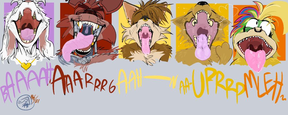 A line up of Azzy, Foxy, Tails, Greggy, and Lems all showing off their moufs for vore day