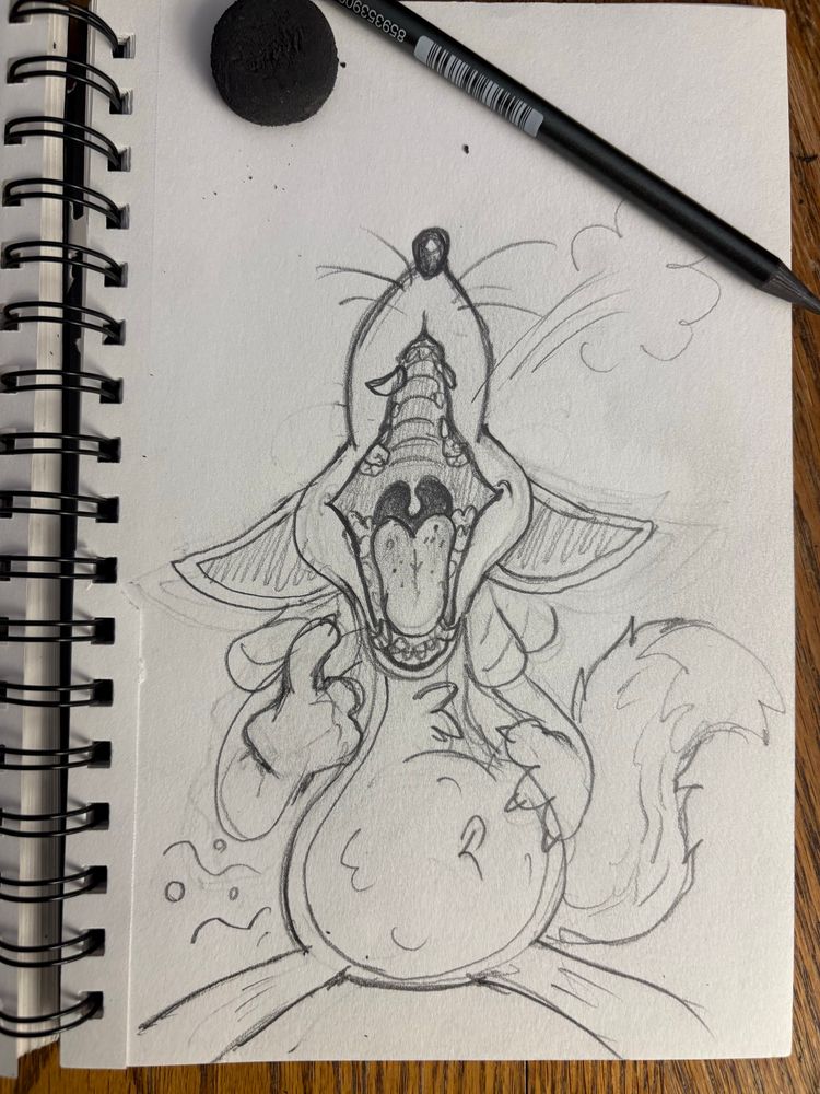 Doodle of a toony fox pointing into his opened maw and resting a paw on his engorged, gurgling belly