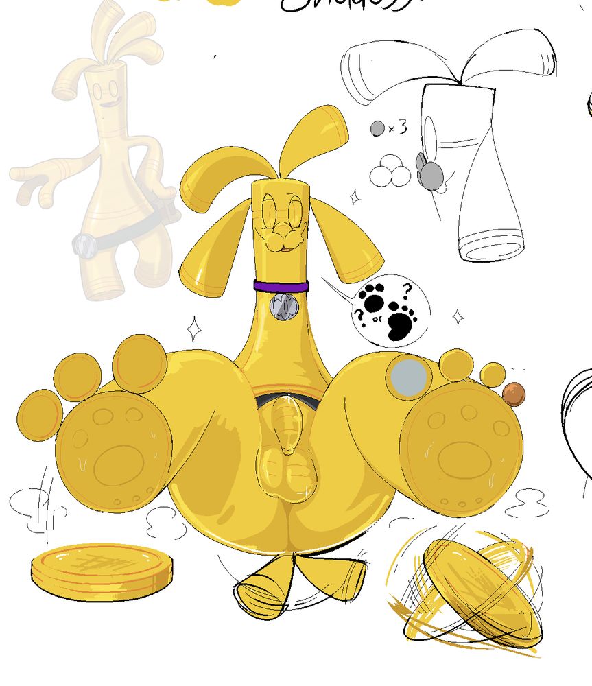 Detail panel of Ghol D. Roger's "ref" sheet. This was actually the first drawing on the canvas, showing him in his assumed doggy guise with his legs spread and "feet" on display, seemingly asking the viewer if the three-toe or four-toe look suits him best