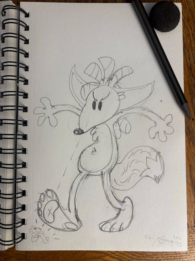 A doodle of a toony fox who seems intent on stepping on a small lizard