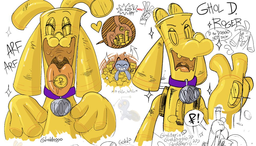 Detail panel of Ghol D. Roger's "ref" sheet. The left side features a mawshot and some internals depicting his gimmighoul self chilling inside. On the right Roj has altered his look to imitate a lucario