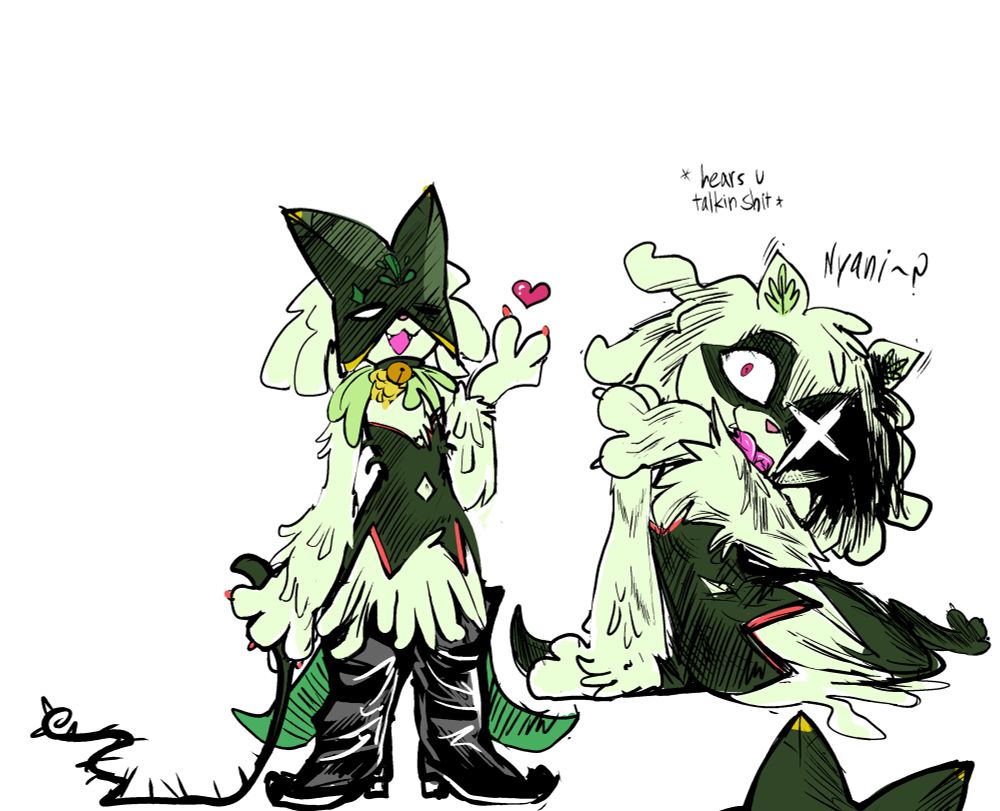 Some more doodles of Artemisia, one with her in her mask and boots, and the other without; In the second pose she seems to be a bit peeved about some words she happened to hear, giving an intimidating stare as she’s in the middle of grooming. 