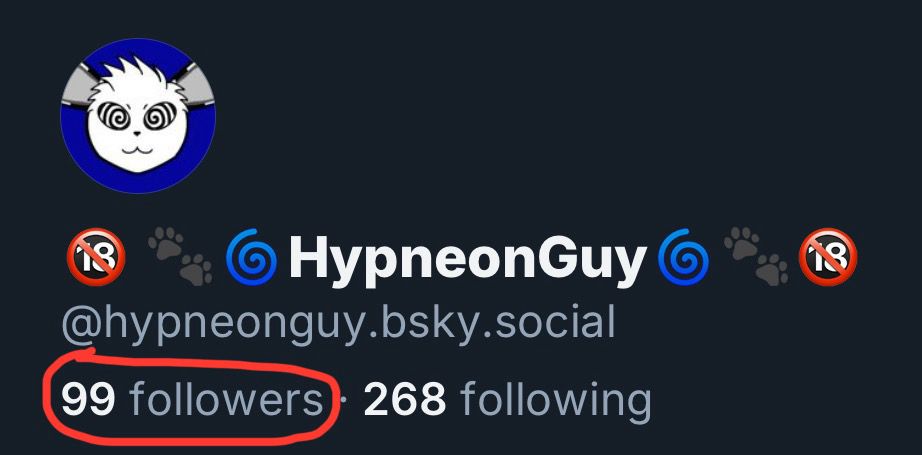 A screenshot of my, i.e., HypneonGuy's, profile header showing avatar with a Hypneon face in it, my display name "🔞🐾🌀HypneonGuy🌀🐾🔞" and my username/handle @hypneonguy.bsky.social; it also shows a follower count of 99 and a following count of 268; I also circled in red the 99 follower count to highlight that I'm 1 away from 100